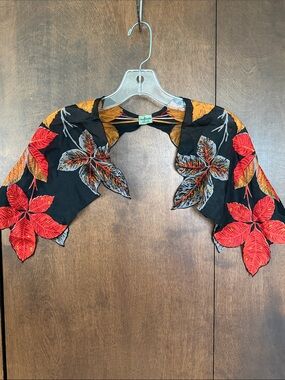Vintage Carol Stanley Silk Floral Ascot shoulder scarf Black Red Orange